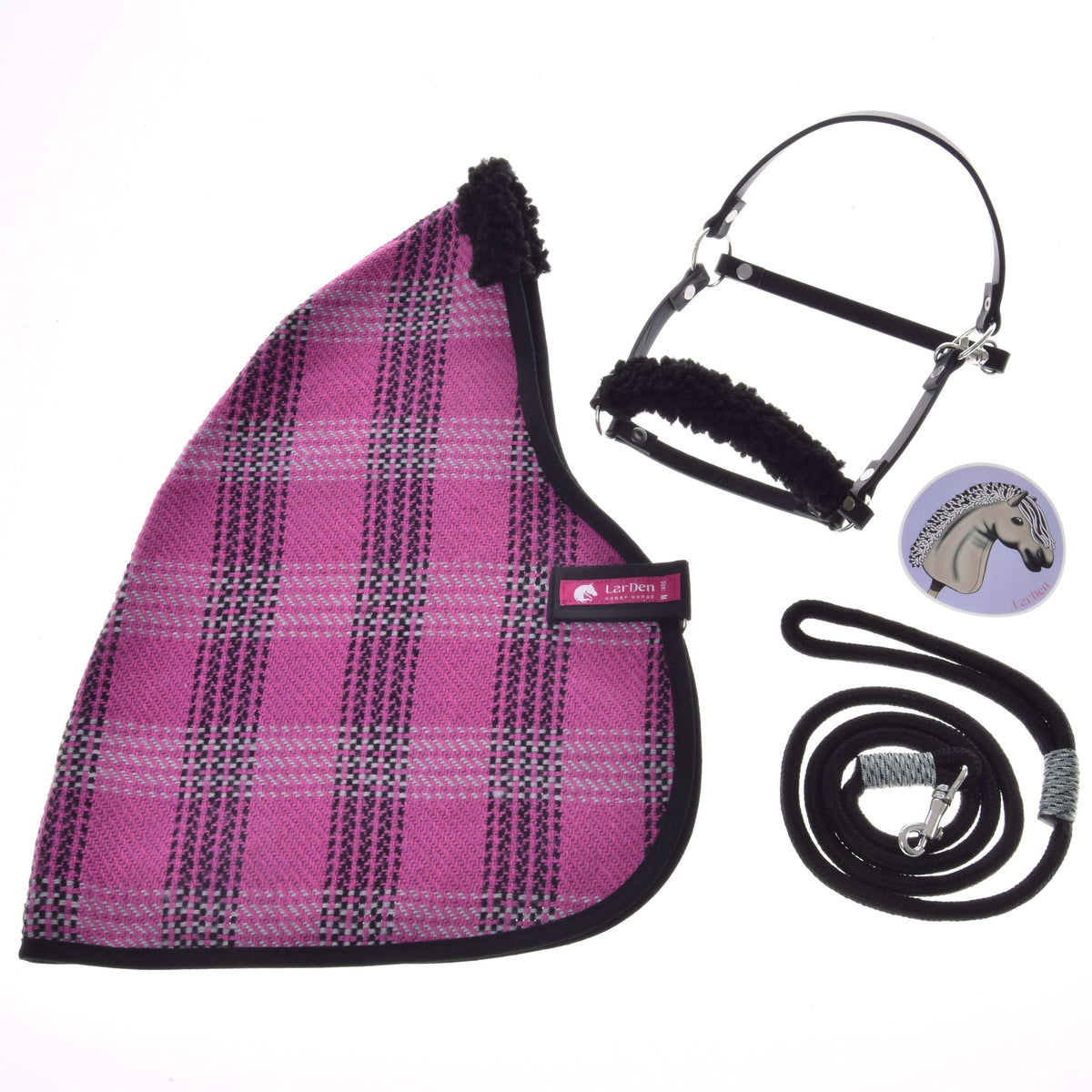 Hobby Horse Set Harmony Pink by LarDen: pink and black plaid blanket, black halter with black fleece, lead rope and sticker
