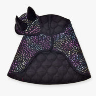 Hobby Horse Set Dreamy by LarDen: black quilted blanket and ear bonnet with iridescent rainbow dots and black ears