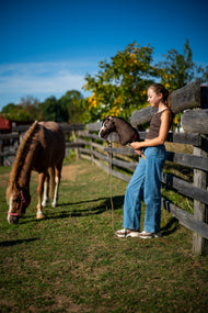 Flicka i jeans vid ett hagstaket som håller Hobby Horse Sisi i grimskaft medan en fuxfärgad ponny betar i närheten