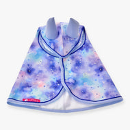 Hobby Horse Raincoat Space by LarDen from above, watercolour galaxy print in lilac and blue with white stars and lilac ears