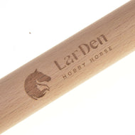 Engraved LarDen Hobby Horse lettering and horse head logo up close on the light wood of the Lower stick Standard