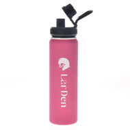 Hobby Horse Sports Bottle LarDen in pink with a white horse head logo and a black spout lid with carry loop
