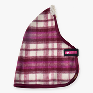 Hobby Horse Stable Blanket LarDen in burgundy, pink and cream check with a cream sherpa collar and burgundy binding
