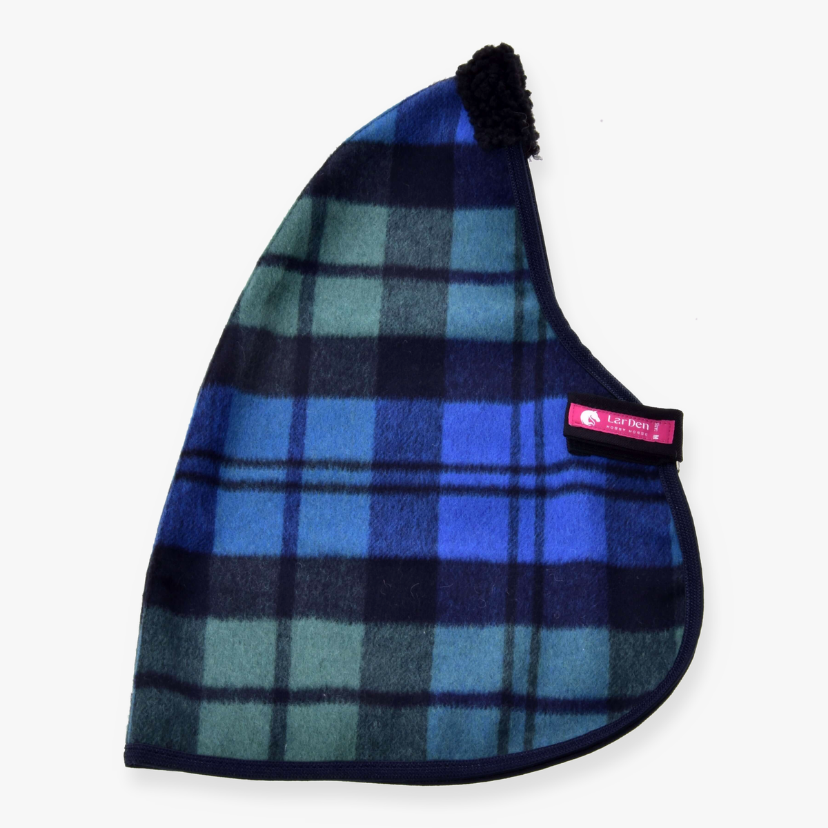 Hobby Horse Stable Blanket Perth by LarDen in blue, green and navy tartan fleece with black curly fleece at the withers