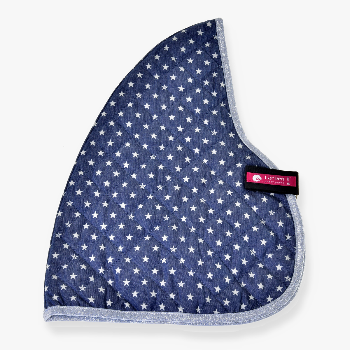 Stable Blanket Star folded flat on white, a navy quilted Hobby Horse blanket with white stars and silver glitter binding