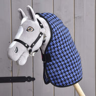 Grey Hobby Horse with brown eyes and a black halter wearing the Stable Blanket Blue with its blue and black houndstooth