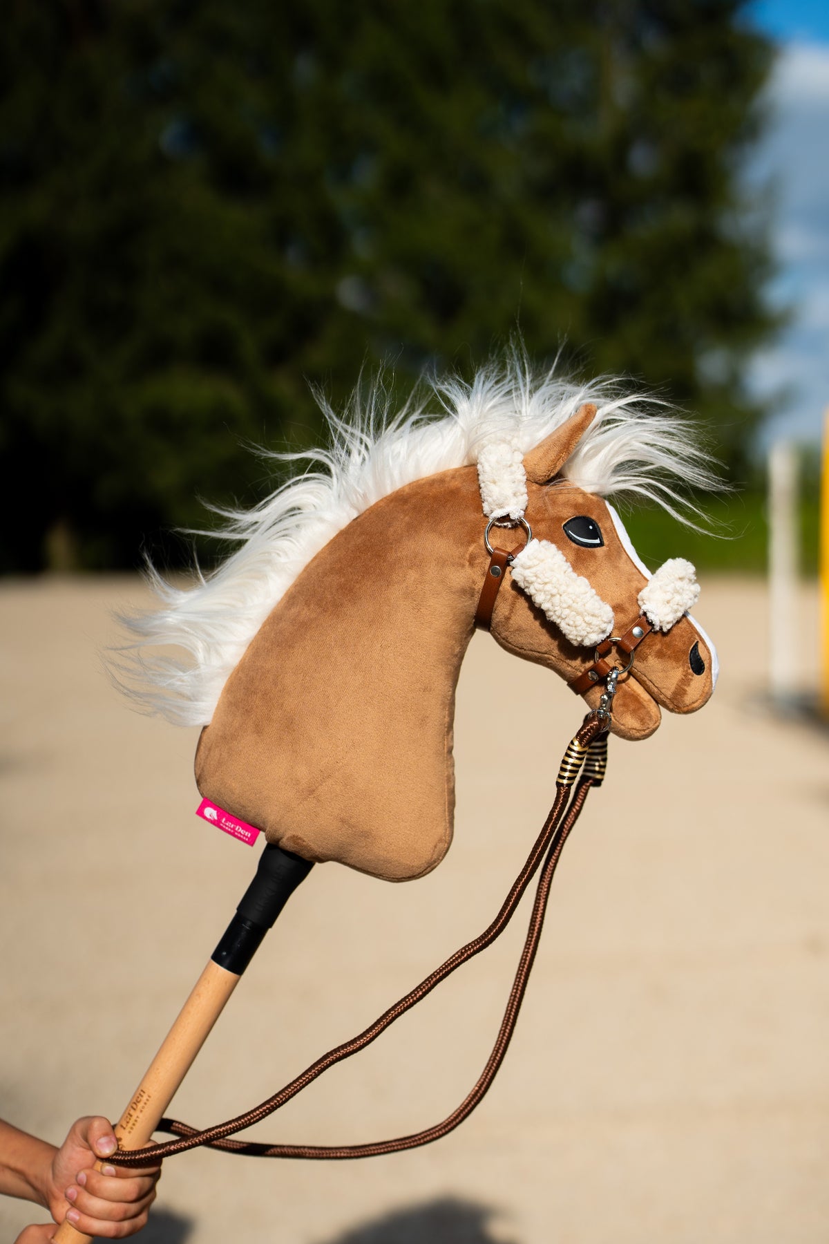 Hobby Horse Star in a brown halter with cream fur, its brown rope reins held by a child's hand on a sunny arena