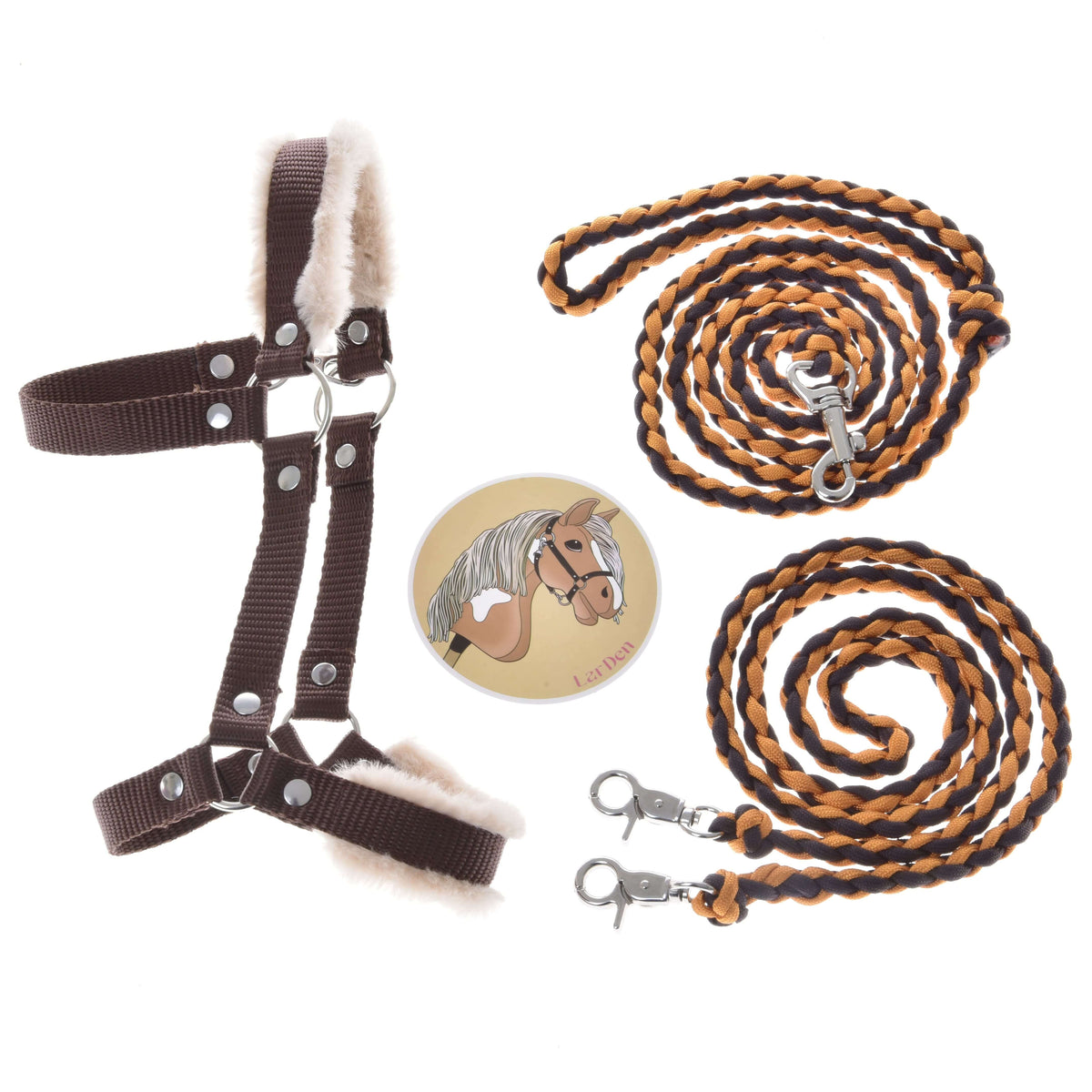 Hobby Horse Set Perfect Combination Brown by LarDen: brown fur halter, braided lead rope, reins and a sticker
