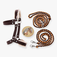 Hobby Horse Set Perfect Combination Brown by LarDen: brown fur halter, braided lead rope, reins and a sticker