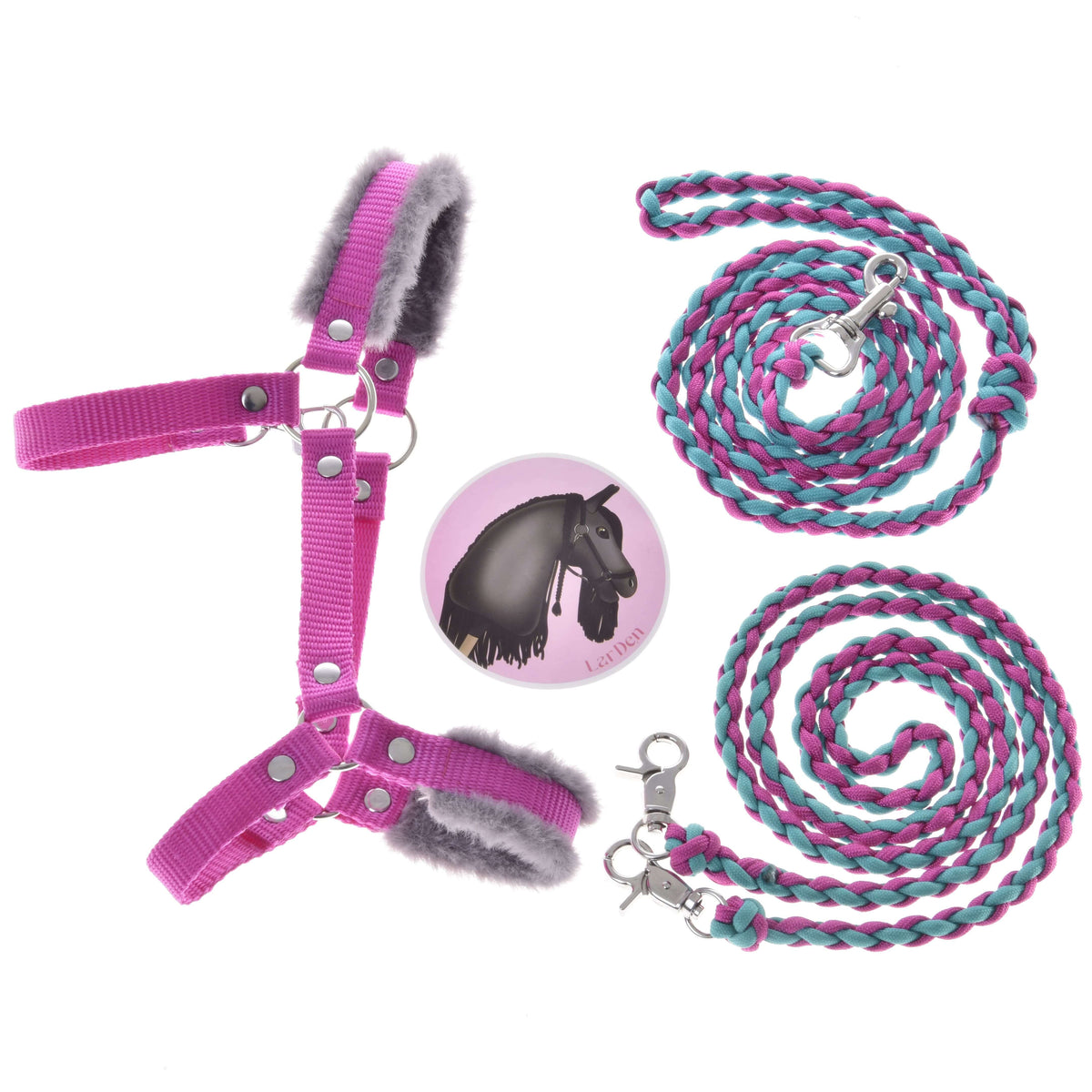 Hobby Horse Set Perfect Combination Pink by LarDen: pink fur halter, braided lead rope, reins and a sticker