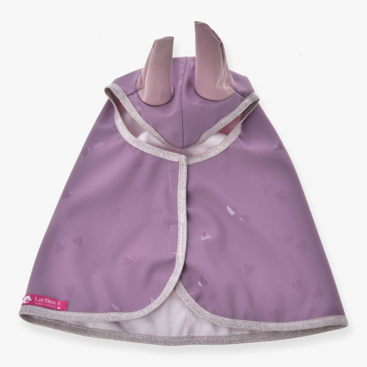 Hobby Horse Raincoat Sweetheart by LarDen from above, lilac with tone-on-tone hearts, pale pink ears and glitter binding