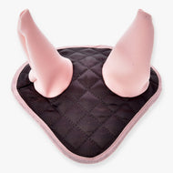 Hobby Horse Ear Bonnet Chocolate by LarDen, quilted dark brown satin with light pink ears and a pink edge