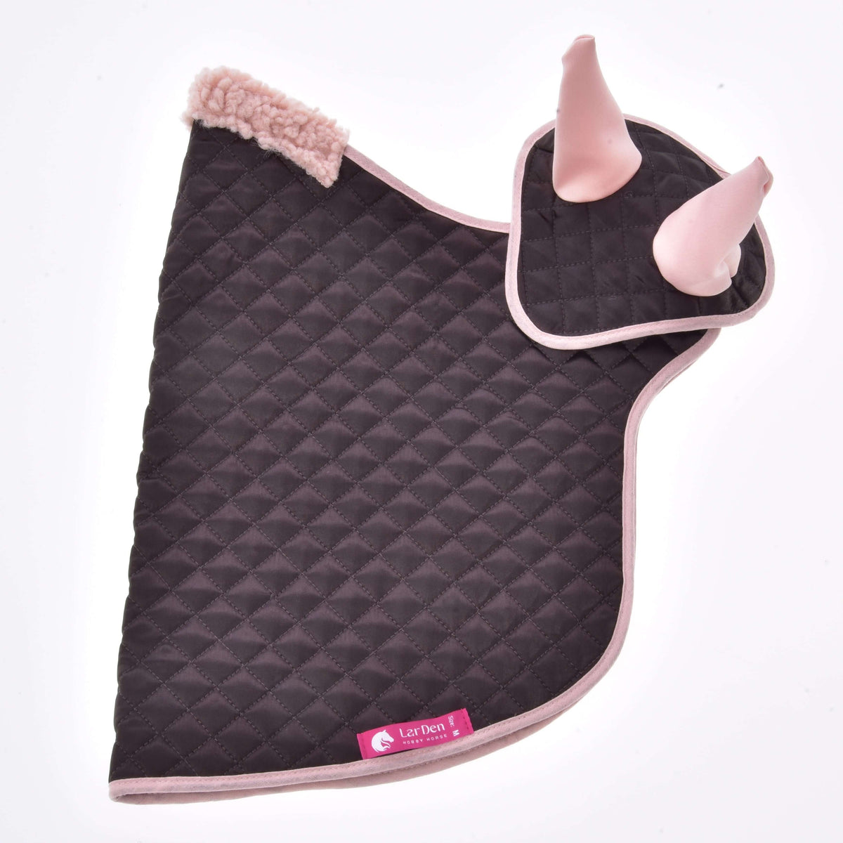 Set Thermo Sweety laid out flat: quilted brown blanket with a teddy collar, matching ear bonnet and the pink LarDen label