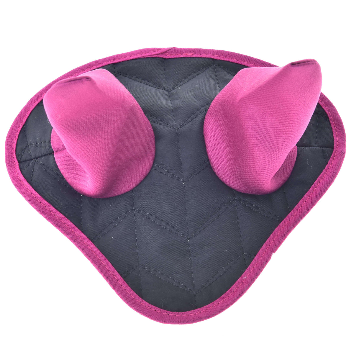 Quilted black ear bonnet from the Set Thermo Black with Fur with bright pink ears and pink binding