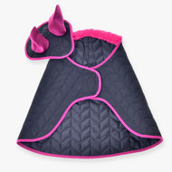Hobby Horse Set Thermo Black with Fur by LarDen, quilted black blanket and ear bonnet with pink trim, fur collar and ears