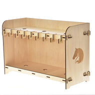 Stable for 3 Hobby Horses by LarDen, a light plywood stand with a row of hooks and an engraved horse head on the side