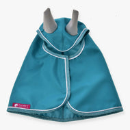 Hobby Horse Raincoat Turquoise by LarDen from above, teal fabric with light grey ears and sparkly binding with white piping