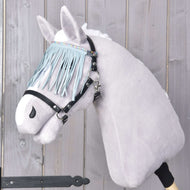 Hobby Horse Halter black with fringes turquoise light by LarDen on a grey head, pale turquoise fringe over the eyes