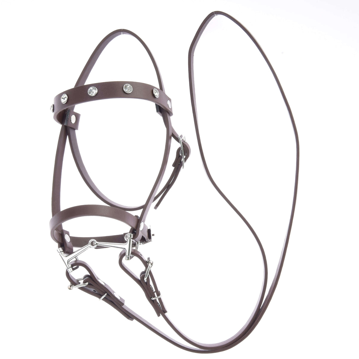 Hobby Horse brown bridle with diamonds on white: rhinestone browband, noseband, silver bit and long leatherette reins