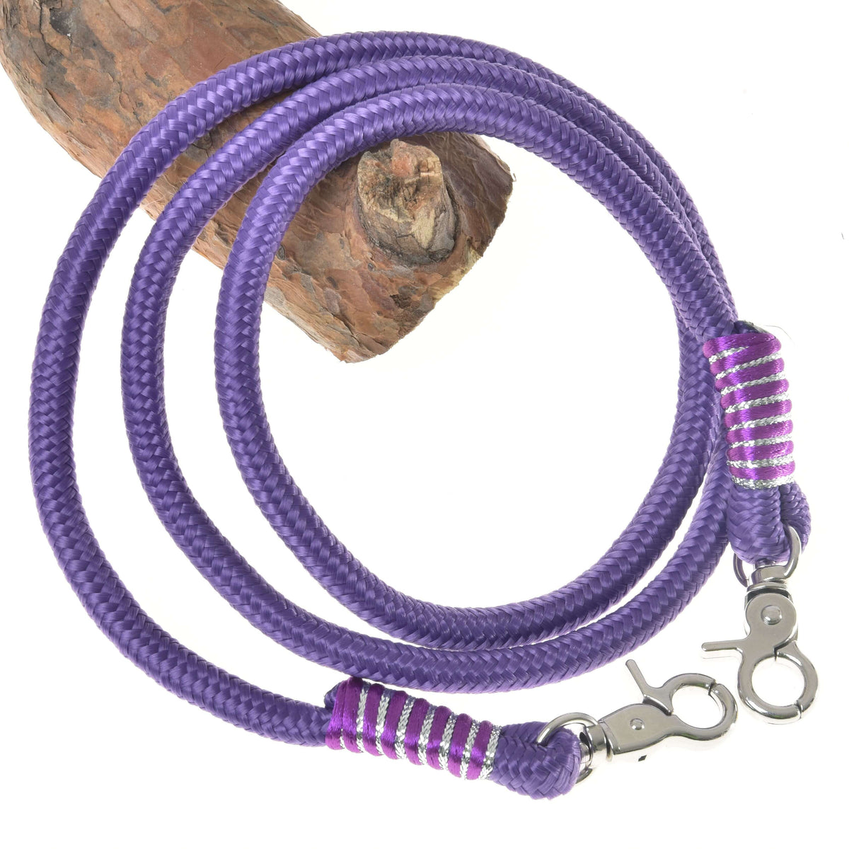 Hobby Horse Reins Viola by LarDen, purple rope reins with purple and silver wraps and two silver snap hooks