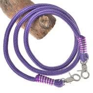 Hobby Horse Reins Viola by LarDen, purple rope reins with purple and silver wraps and two silver snap hooks