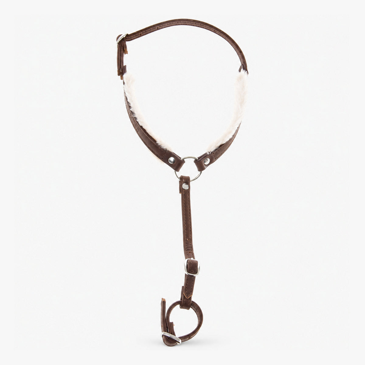 Hobby Horse brösta med päls Walnut från LarDen i mörkbrunt konstläder med foder av krämvit päls och en silverfärgad mittring
