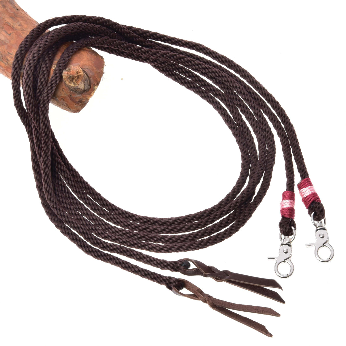 Hobby Horse Split Western Reins Kansas by LarDen in dark brown rope with burgundy and pink wraps and leather poppers