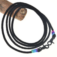 Hobby Horse Western Reins Montana by LarDen, a black braided rope with black snap hooks and purple-blue-green wraps