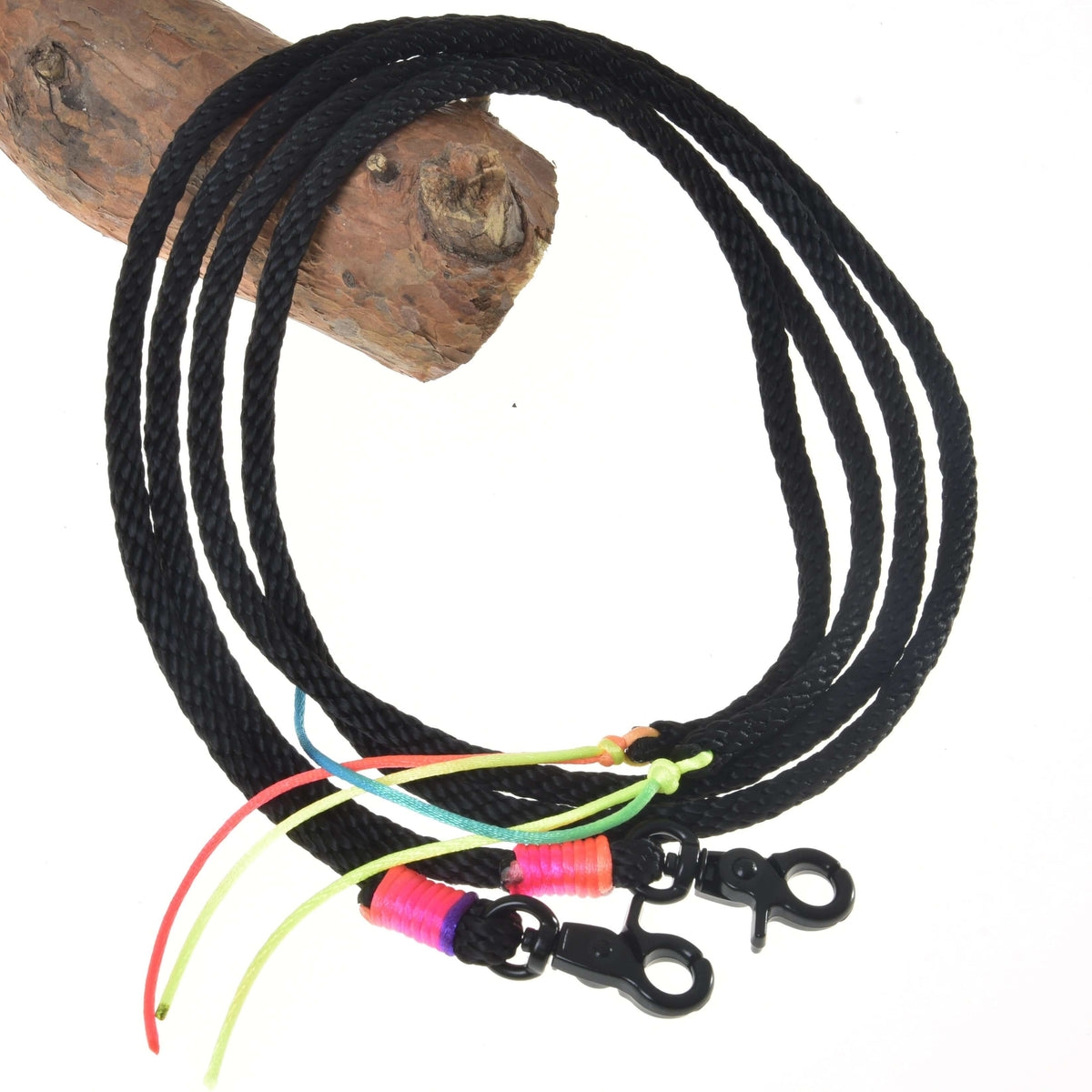 Hobby Horse Split Western Reins Texas by LarDen, black braided rope with black snap hooks and neon cord tassels