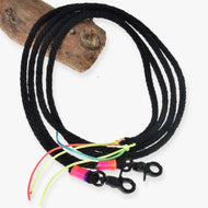 Hobby Horse Split Western Reins Texas by LarDen, black braided rope with black snap hooks and neon cord tassels