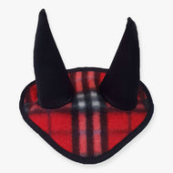 LarDen Hobby Horse Ear bonnet checkered red in red tartan fleece with black trim and black ear covers