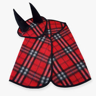 Hobby Horse Set checkered red fleece by LarDen: red tartan blanket and matching ear bonnet with black trim