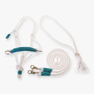 Hobby Horse Rope set White Festive by LarDen: white rope halter, tasselled neck ring and reins with turquoise and green braiding