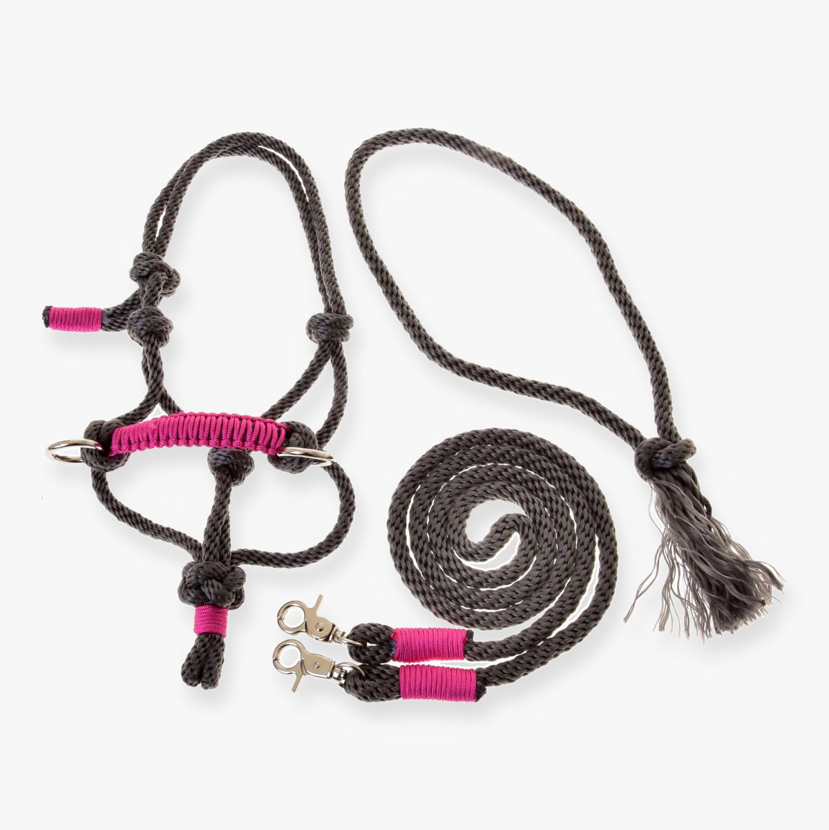 Hobby Horse repset grått från LarDen: koksgrå repgrimma med cerise flätad nosrem och tyglar med tofs