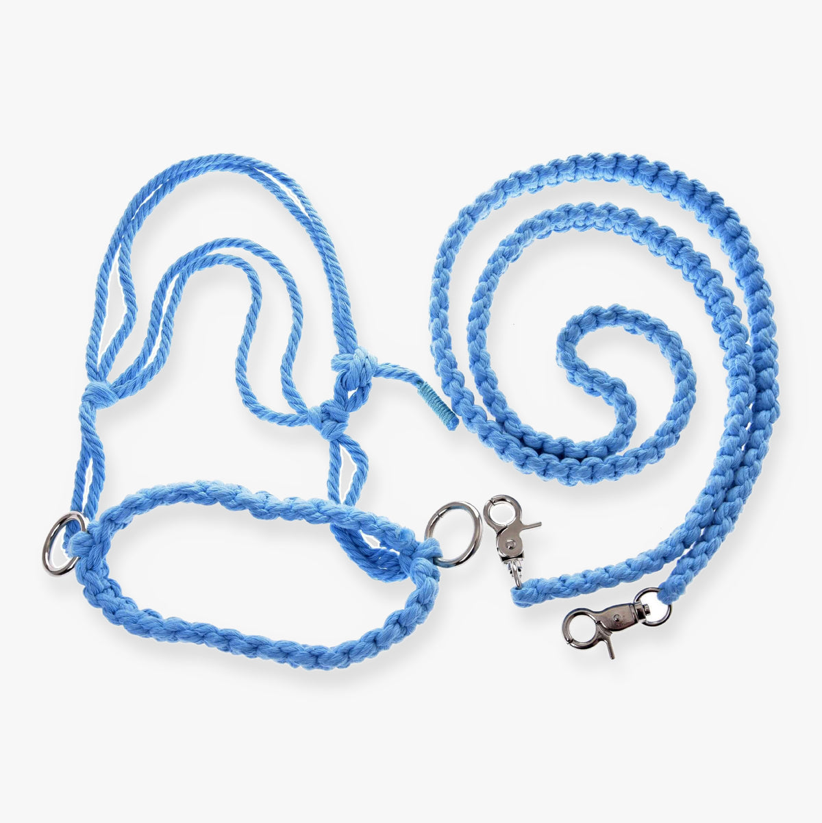 Hobby Horse Rope set Cotton Blue by LarDen, light blue cotton rope halter with a macramé noseband and braided reins