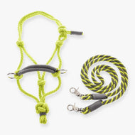 Hobby Horse Rope set Lime by LarDen laid out on white: lime green rope halter and lime and grey striped rope reins