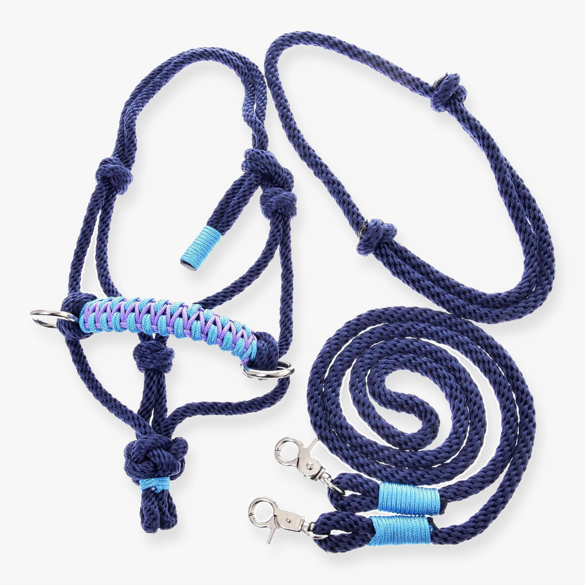 Hobby Horse Rope set Dark Blue by LarDen: navy rope halter with a turquoise and lilac noseband, cordeo and reins