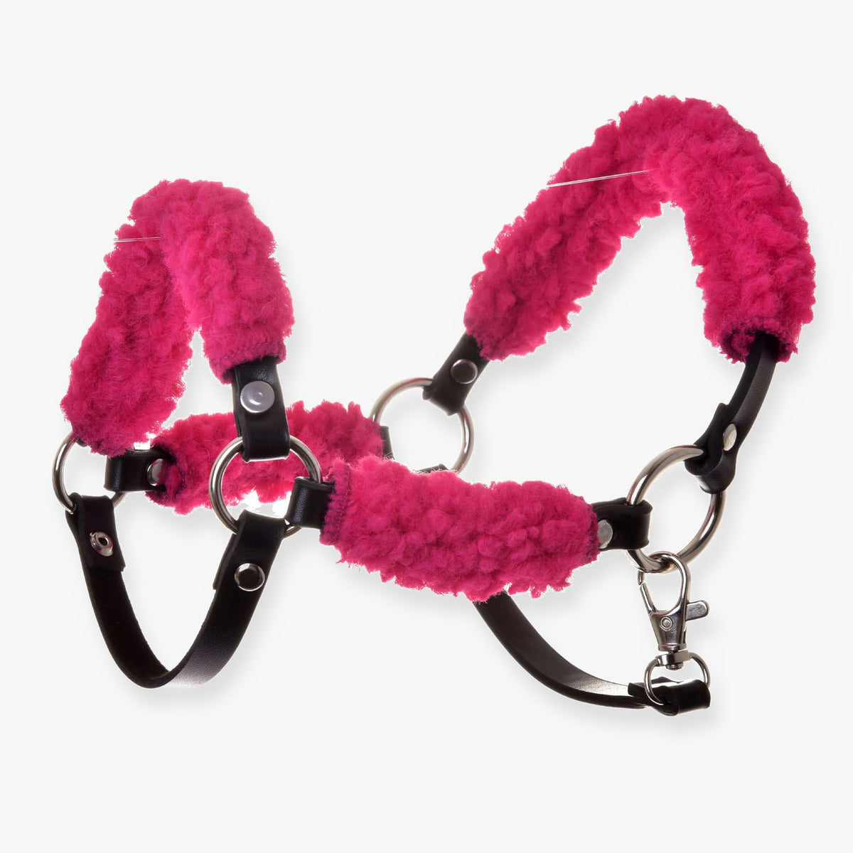 LarDen Hobby Horse Black halter with complete pink fur - leatherette, bright pink curly fur and silver rings