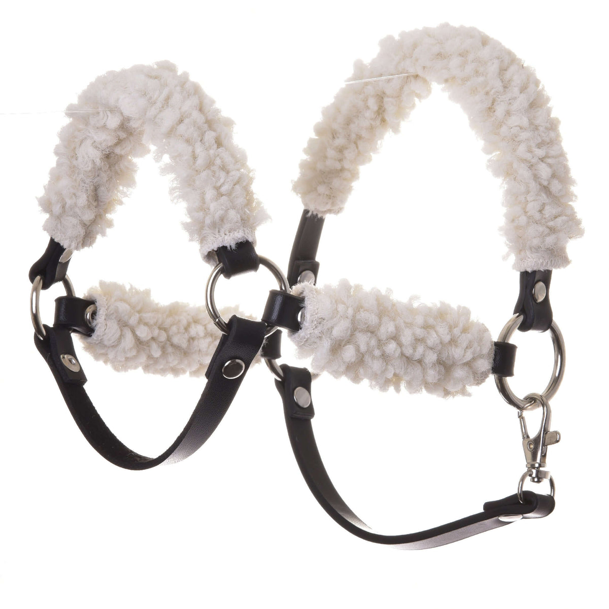 Svart grimma med heltäckande päls (konstläder) för Hobby Horse från LarDen, lockig gräddvit päls och silverringar