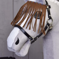 Close-up of the brown faux suede fringes with a colourful woven trim on the black halter of a grey Hobby Horse