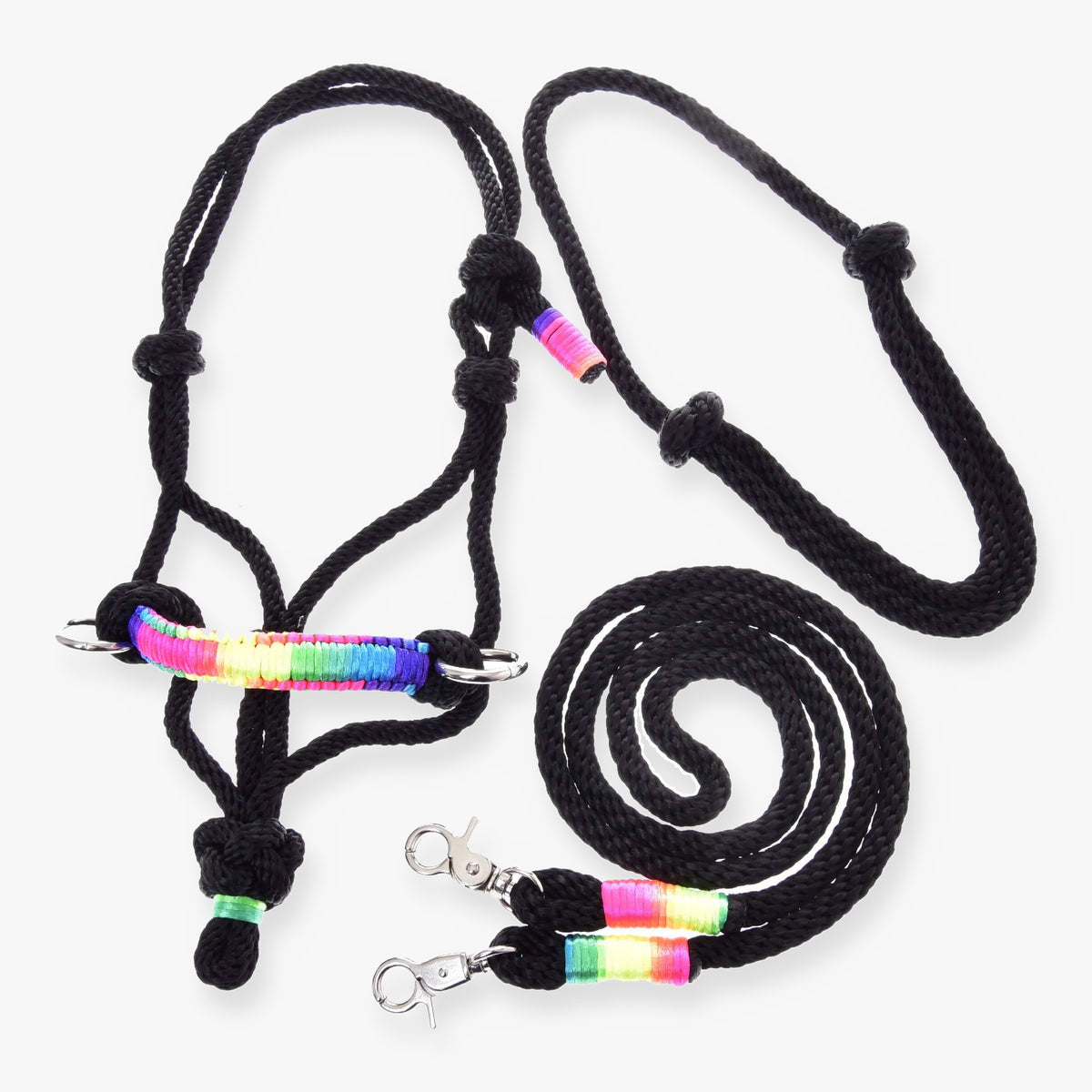 Hobby Horse Rope set Rainbow by LarDen: black rope halter with neon rainbow noseband, black neck ring and reins on white