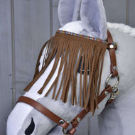 Close-up of the brown fringed browband with a colourful woven trim on the brown Hobby Horse halter