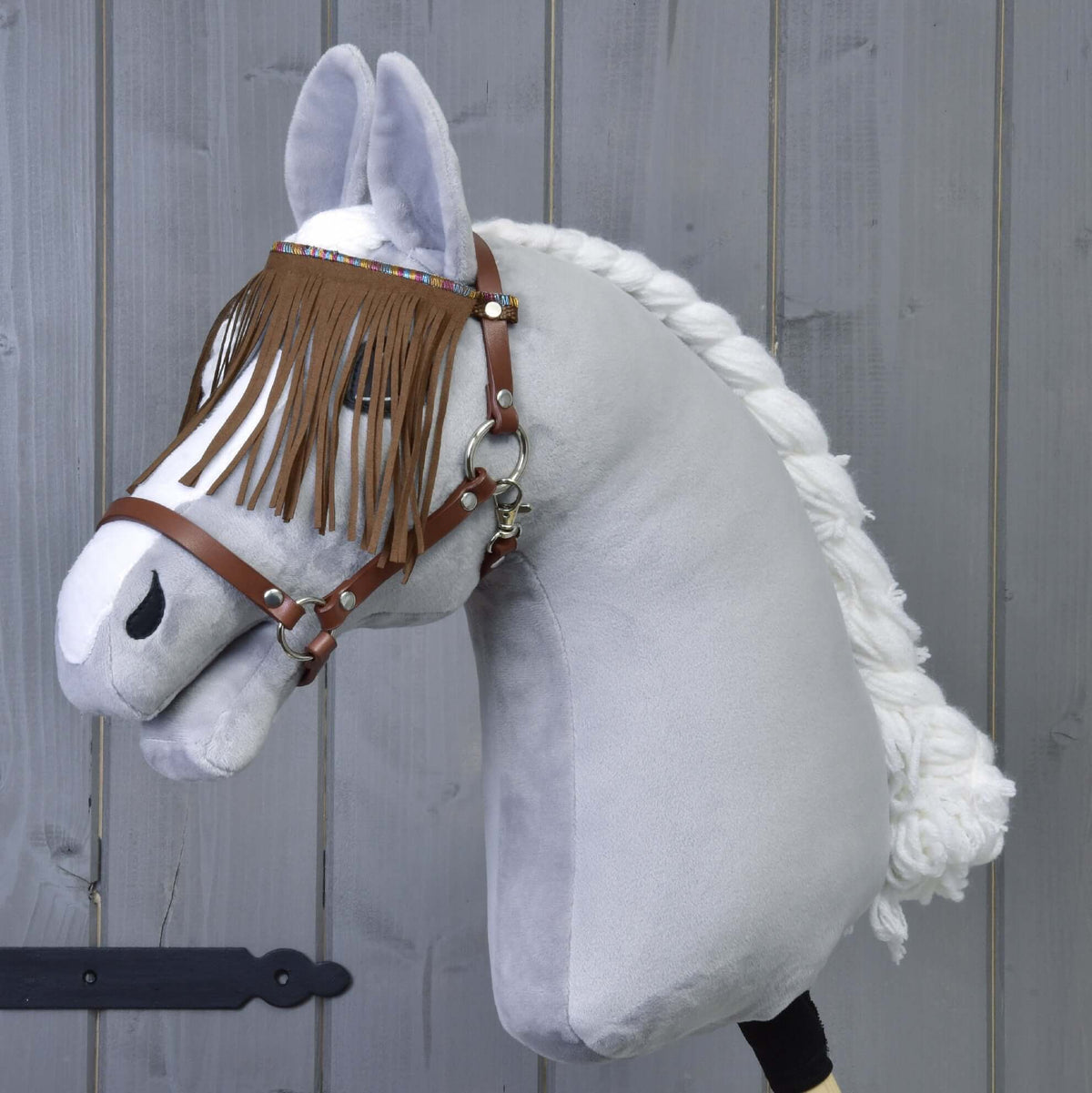 LarDen Halter brown with fringes on a grey plush Hobby Horse, brown leatherette with a fringed browband