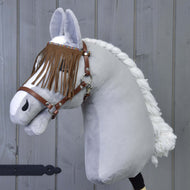 LarDen Halter brown with fringes on a grey plush Hobby Horse, brown leatherette with a fringed browband