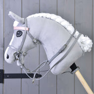 LarDen Grey leatherette set - bridle, reins and martingale on a grey plush Hobby Horse with a pale pink browband