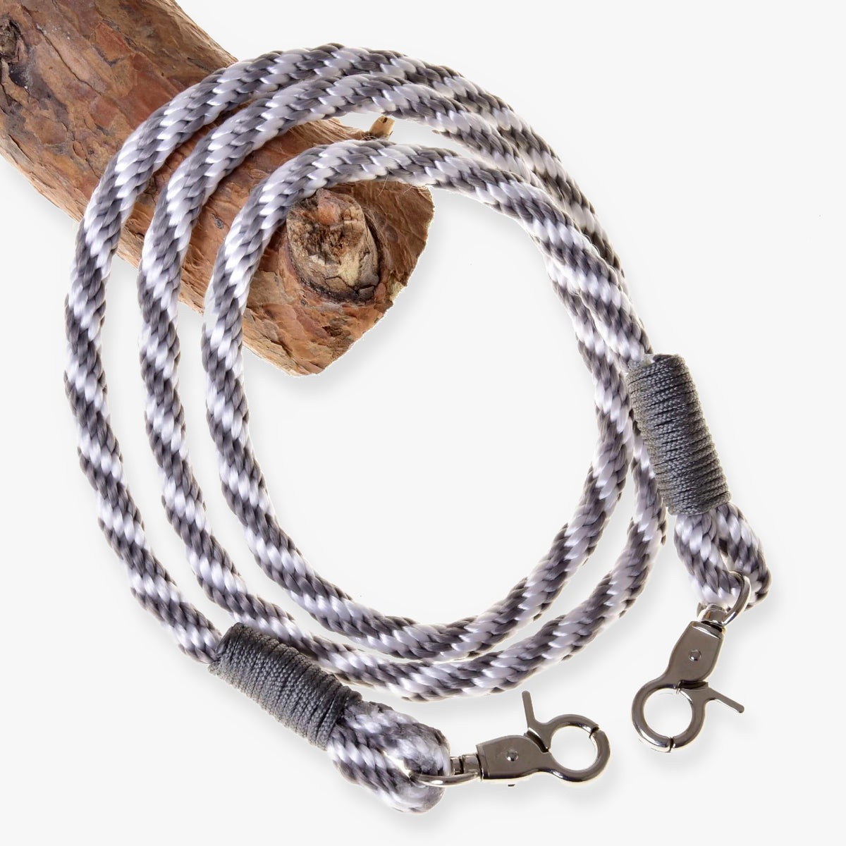 Hobby Horse Reins silver stripe by LarDen in grey and white twisted rope with grey whipping and a snap hook at each end