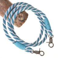 Hobby Horse Reins turquoise stripe by LarDen in turquoise and white twisted rope with turquoise whipping and two snap hooks