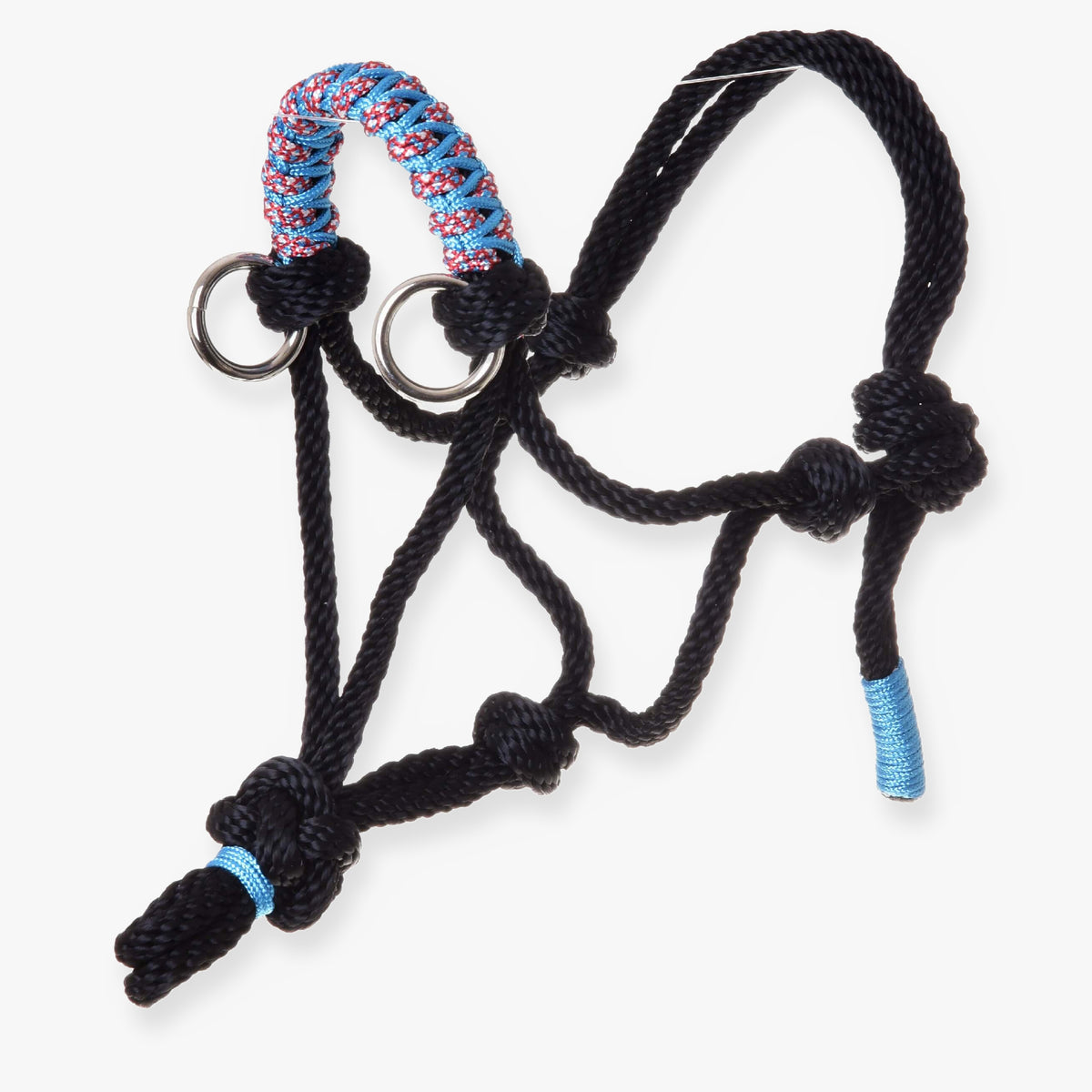 Repgrimma Summer för Hobby Horse från LarDen i svart knutat rep med blå och röd flätad nosrem och silverringar