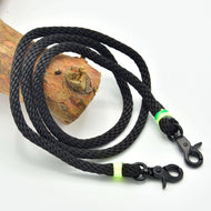 LarDen Hobby Horse Reins Rainbow in black braided rope with neon green wraps and two black snap hooks